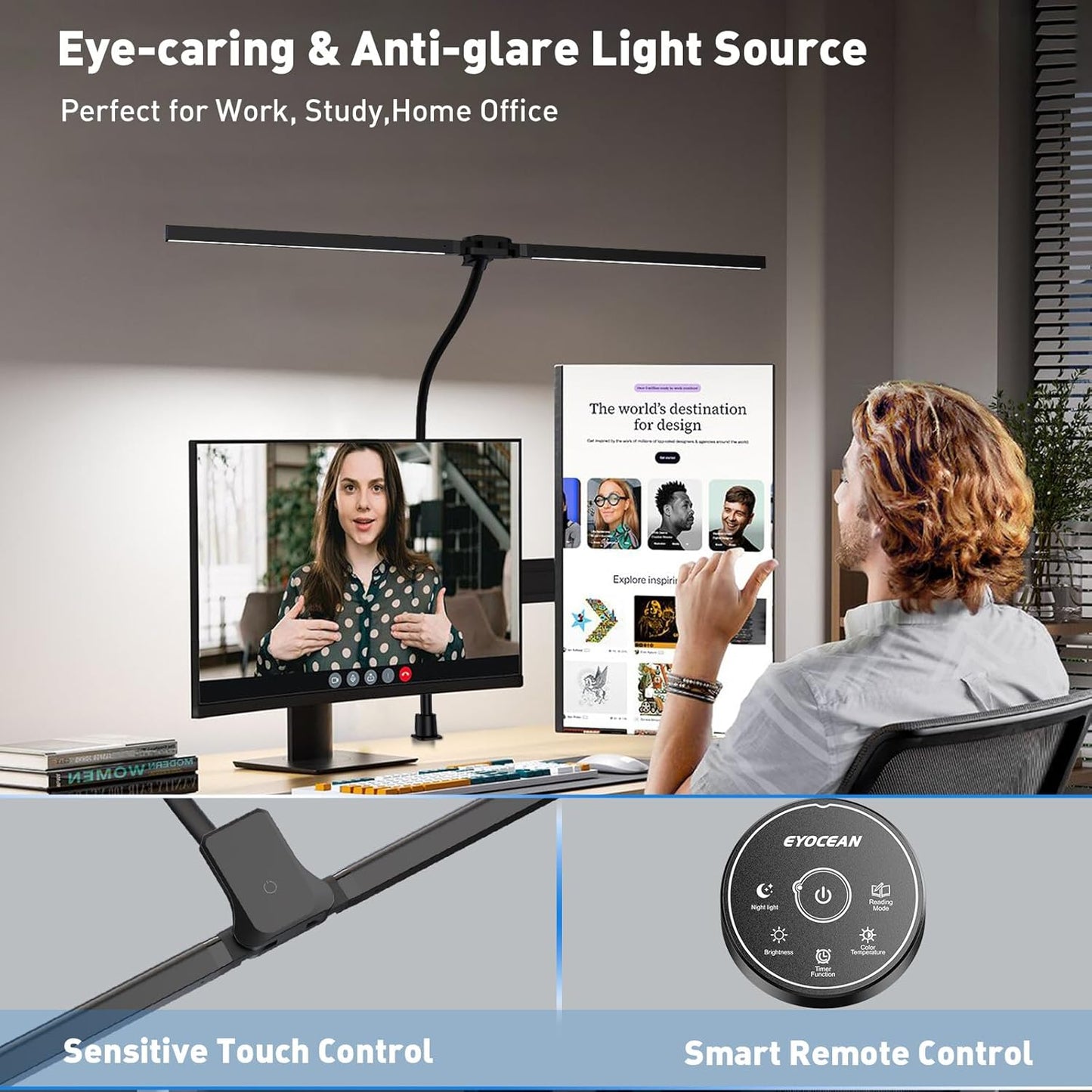 EYOCEAN Desk Lamp with Clamp, 31.5" LED Desk Lamp for Home Office, 24W Double Head Desk Light, Dimmable & Color Temperature, Table Lamp with Remote Control, Brightest Computer Monitor Light