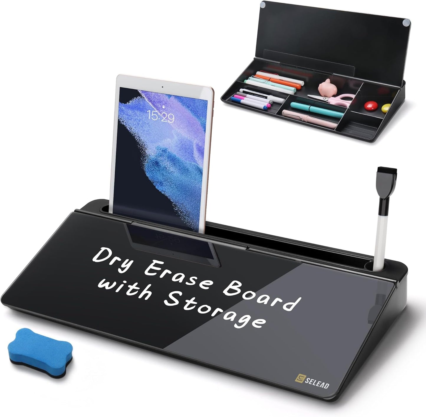 SELEAD Desktop Glass Whiteboard with Wireless Charger Station, Dry Erase Board Computer Pad Keyboard Stand with Organizer for Home, School, Office Desk Accessories, Black