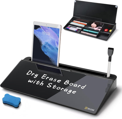 SELEAD Desktop Glass Whiteboard with Wireless Charger Station, Dry Erase Board Computer Pad Keyboard Stand with Organizer for Home, School, Office Desk Accessories, Black