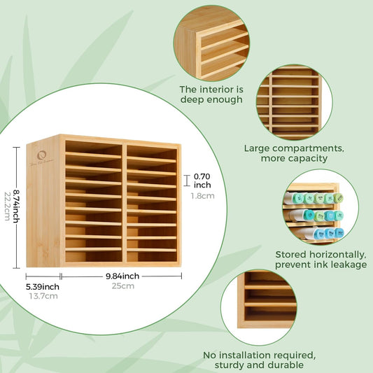 Ohuhu Bamboo Marker Organizer, Wooden Desktop Storage Hold 126 Markers, Pens, Pencils, Art Brushes Stationary Organizer Pencil Holder with 18 Compartments for Home, Classroom, Office Decor