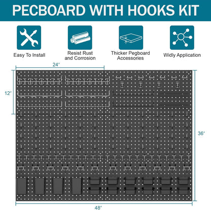 Metal Peg Board Kit with 1/4" Pegboard Accessories, 6 Pack 12"X24" Pegboard and 264PCS Extra Thick Pegboard Accessories,Wall Organizer Peg Board Panels Tool Organizer Storage System (Black)