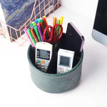 Round Leather Art Supply Organizer,Remote Control Holder,360 Degree Rotating,Multi-Functional Pencil Holder,4 Compartments Desktop Stationary Organizer(1-Fractal Flower) | Round - Colors B