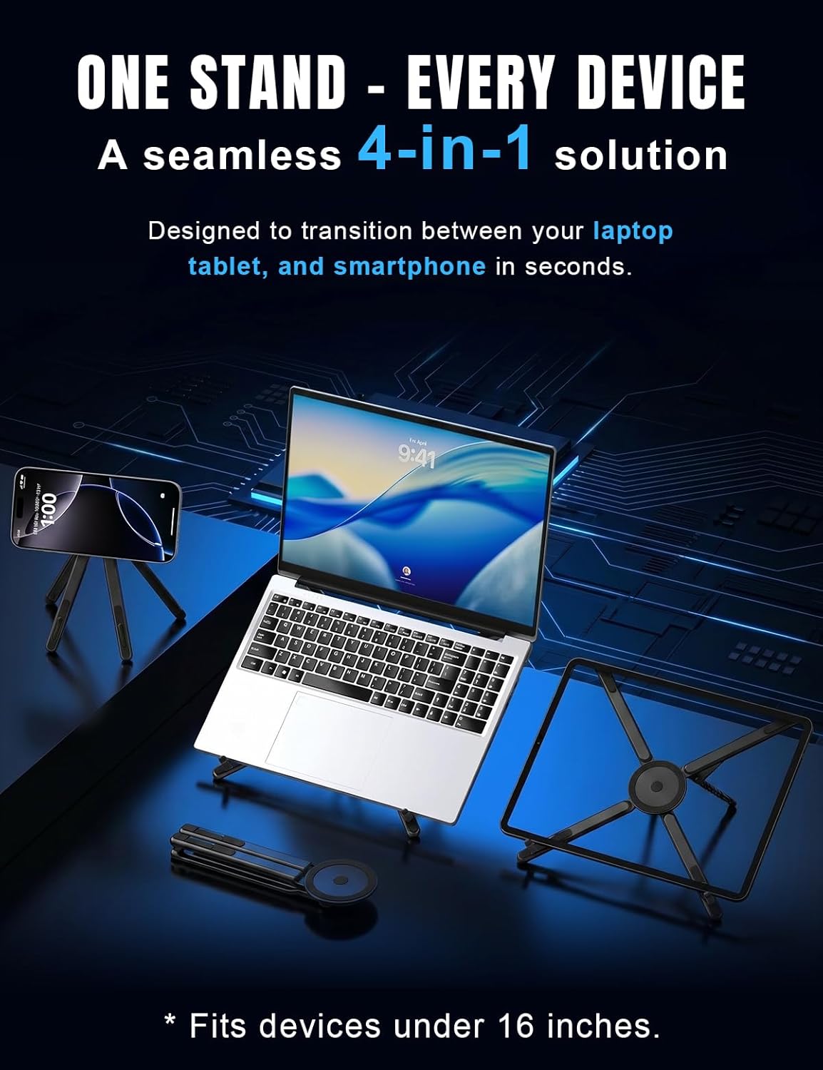 4-in-1 Foldable Laptop Stand & Magnetic Phone Holder, Silver Aerospace Aluminum Portable Desk Mount with N52 MagSafe Compatible Tripod Handle for MacBook Pro, iPad, Travel & Vlogging