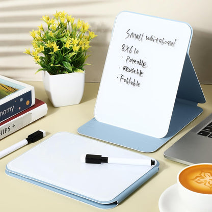 Dunzoom 4 Pcs Small Glass Desktop Whiteboard with Reversible Stand 8‘' x 6‘' Tabletop Mini Dry Erase Whiteboard Easel with 4 Markers Reusable Desk Notepad for Home Office School (Blue)