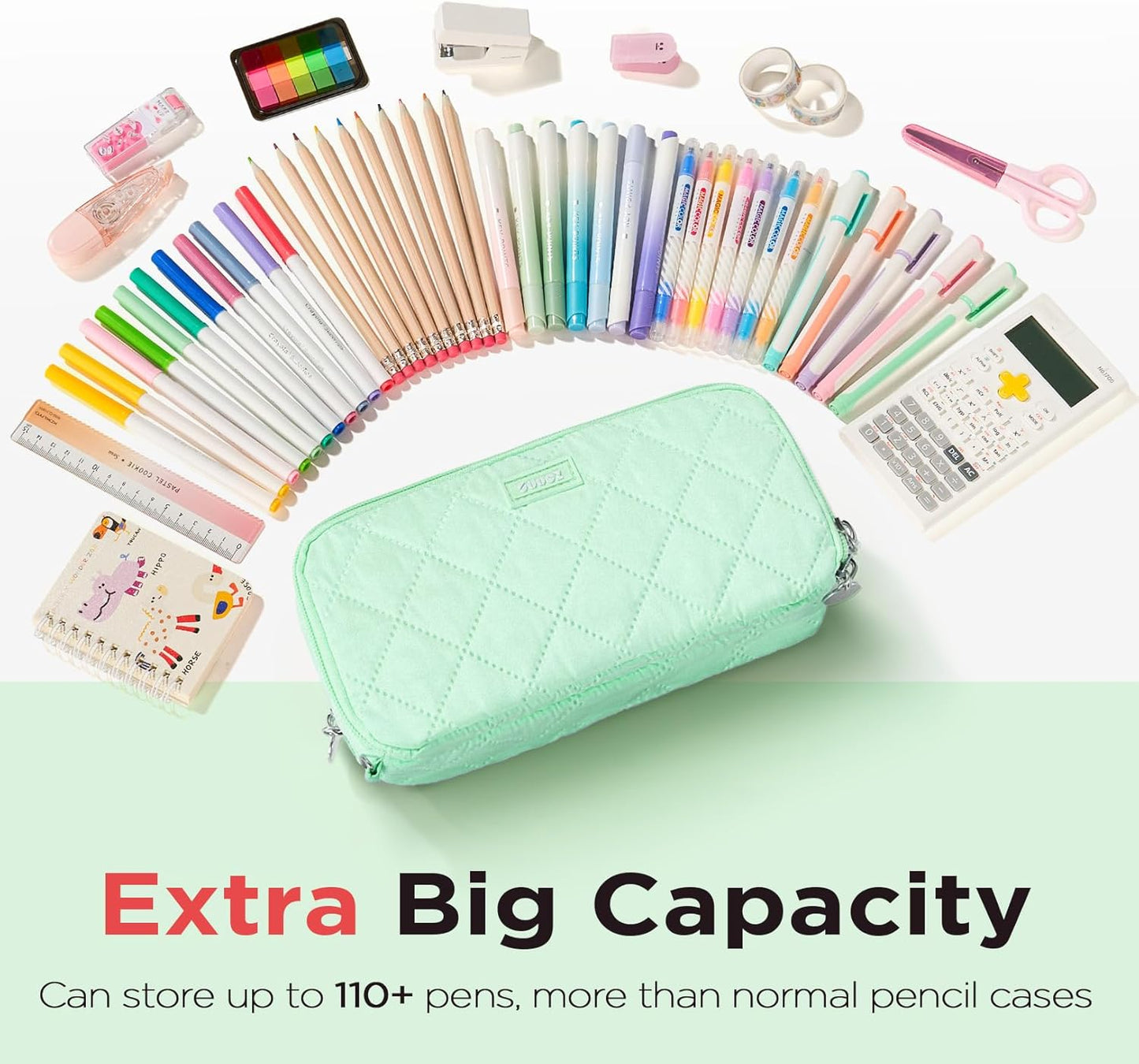 Sooez Large Pencil Case Pouch, Extra Big Pencil Bag with 8 Compartments, Pen Bag Wide Opening, Soft Quilted Pencil Pouch Organizer with Zipper, Portable Pencil Case for Teen Girls, Pink