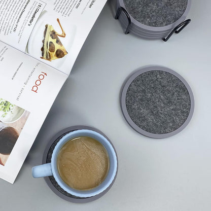 Absorbent Coasters for Drinks with Holder - 6packs, Silicone Coaster with Soft Felt Insert, Black (Coasters with Holder, Black)
