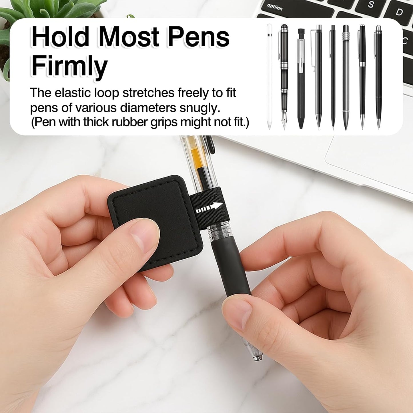 4-Pack Black Elastic Pen Loop Holders – Adhesive PU Leather Sleeves