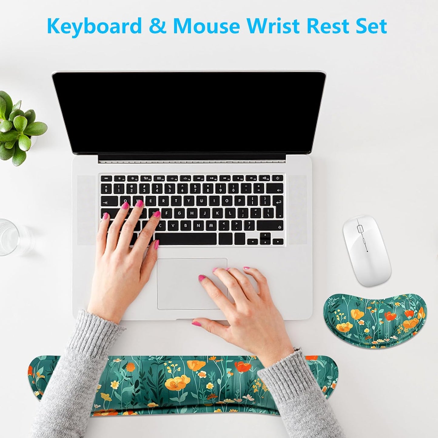 Dapesuom Enlarge Keyboard Wrist Rest, Memory Foam Wrist Cushion for Desk Mat Support, Cute Pain Relief Keyboard Mouse Pad Rests Set with Non-Slip Base for Gaming Laptop Office Computer, Elegant Flower