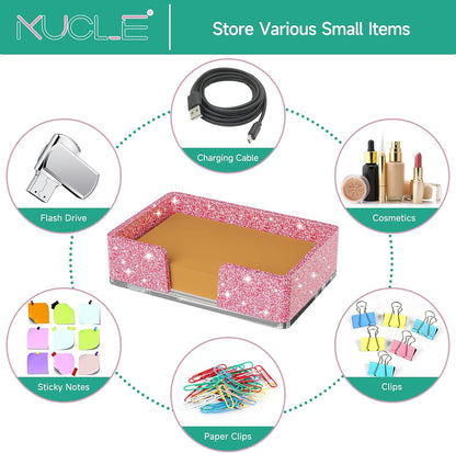 Sticky Note Holder, Glitter Pink Acrylic Notepad Holder 3x3 in Self-Stick Note Dispenser Office Desk Accessories, Memo Pad Holder Organizer for Classroom School Supplies