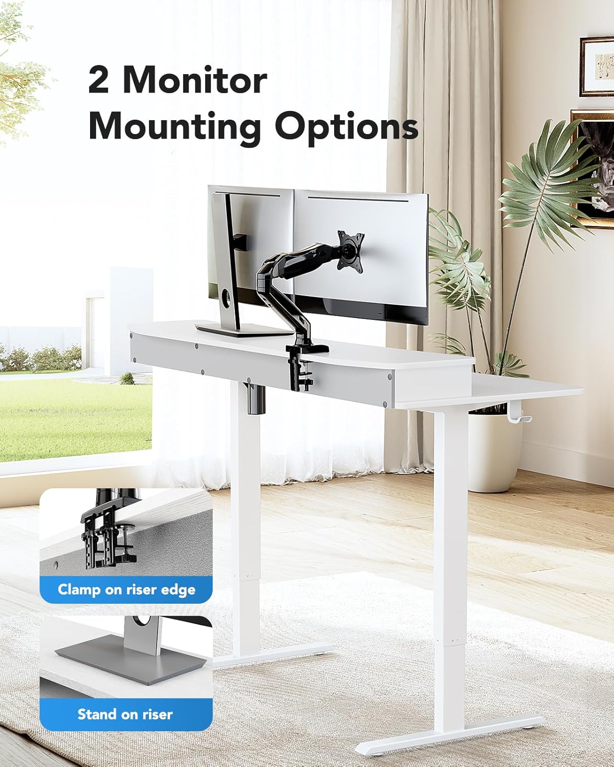 HUANUO 48″ x 24″ Electric Standing Desk with 2 Drawers, C-Clamp Mount Compatible, Height Adjustable Computer Desk, Home Office Stand Up Desk with 4 Preset Heights & 2 Hooks, Black