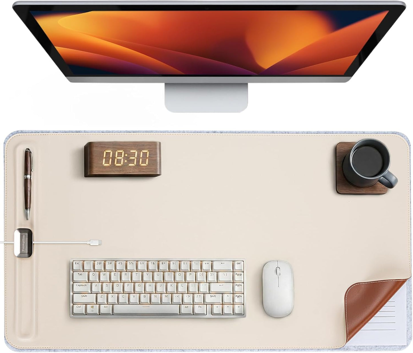 Desk Mat – Double-Sided Vegan Leather & Felt | Built-In Magnetic Cable Organizer & File Storage | Premium Workspace Pad for Office, Gaming & Creative Professionals-（Brown）