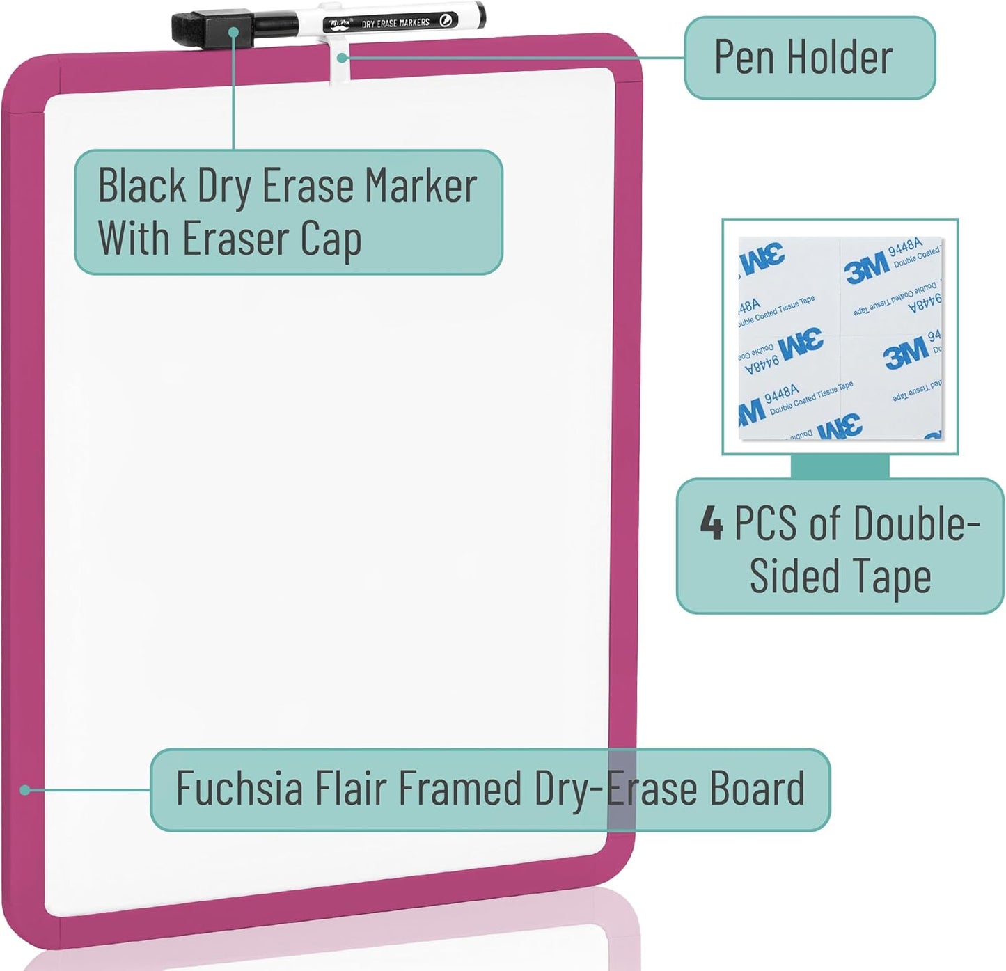 Mr. Pen- Dry Erase Board, 14” x 11” with a Black Dry Erase Marker, White Frame, Small Mini White Board for Students, Fridge, Wall, Locker, Includes Double Sided Tapes