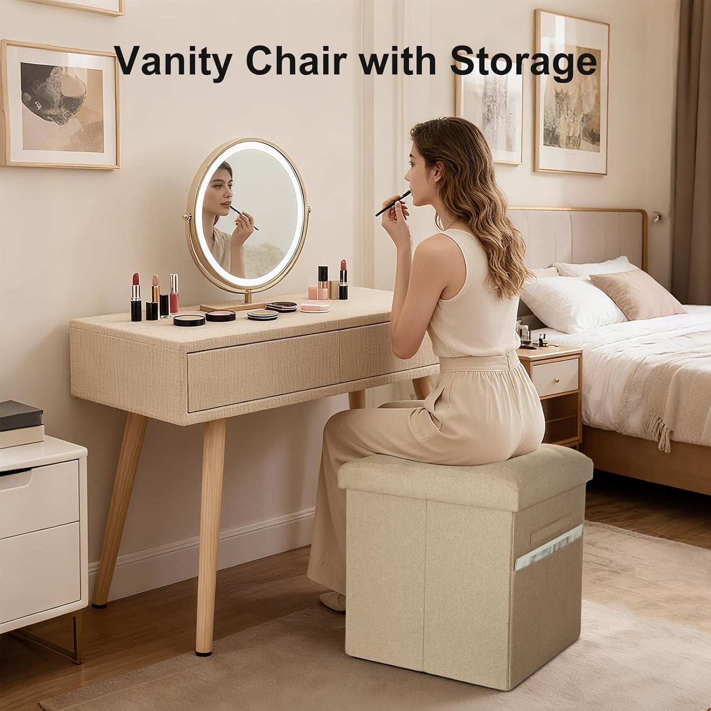 Storage Ottoman with Extra Thick Foam Padded Seat, Foldable Foot Rest Stool with Linen Fabric, 43L Ottoman with Storage Bench for Bedroom Living Room, Holds Up to 300lbs, 17x13x13in, Dark Gray