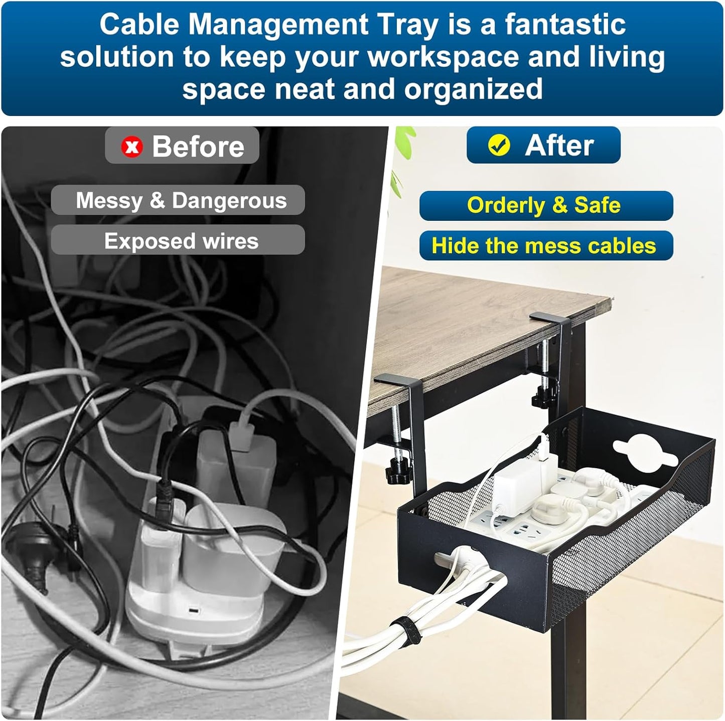 Extra Wide Under Desk Cable Management - 7inch No Drill Installation Cable Management Tray, Clamp/Screw Mount Desk Cable Management, Cable Management Tray for Office, Home((White, XL)