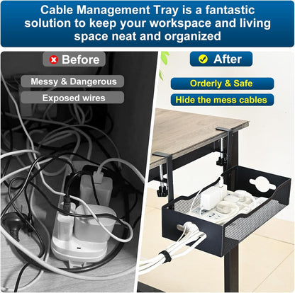 Extra Wide Under Desk Cable Management - 7inch No Drill Installation Cable Management Tray, Clamp/Screw Mount Desk Cable Management, Cable Management Tray for Office, Home((White, XL)