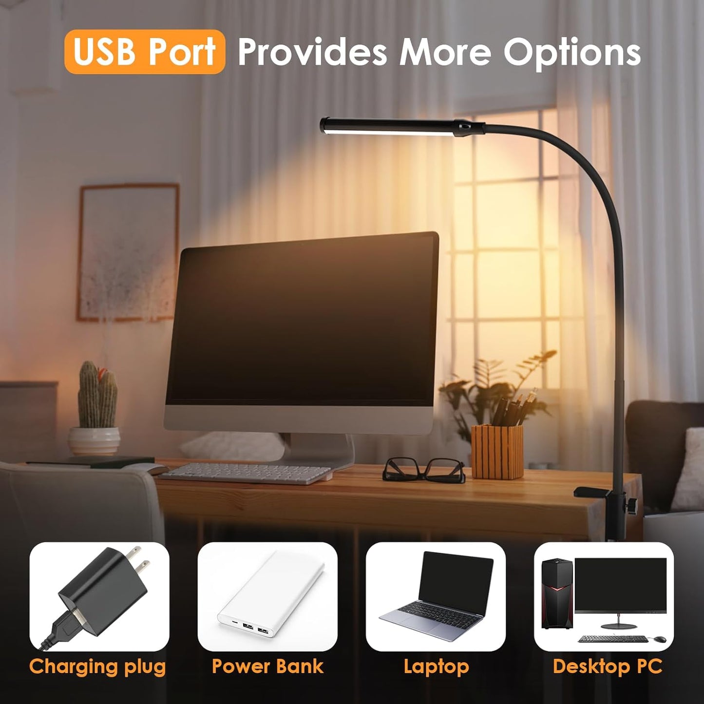 ShineTech LED Desk Lamp with Clamp, Eye-Caring Clip on Desk Light with 3 Color Modes & Stepless Dimming, 360° Flexible Gooseneck Desk Lamp for Home Office College Dorm with USB Adapter