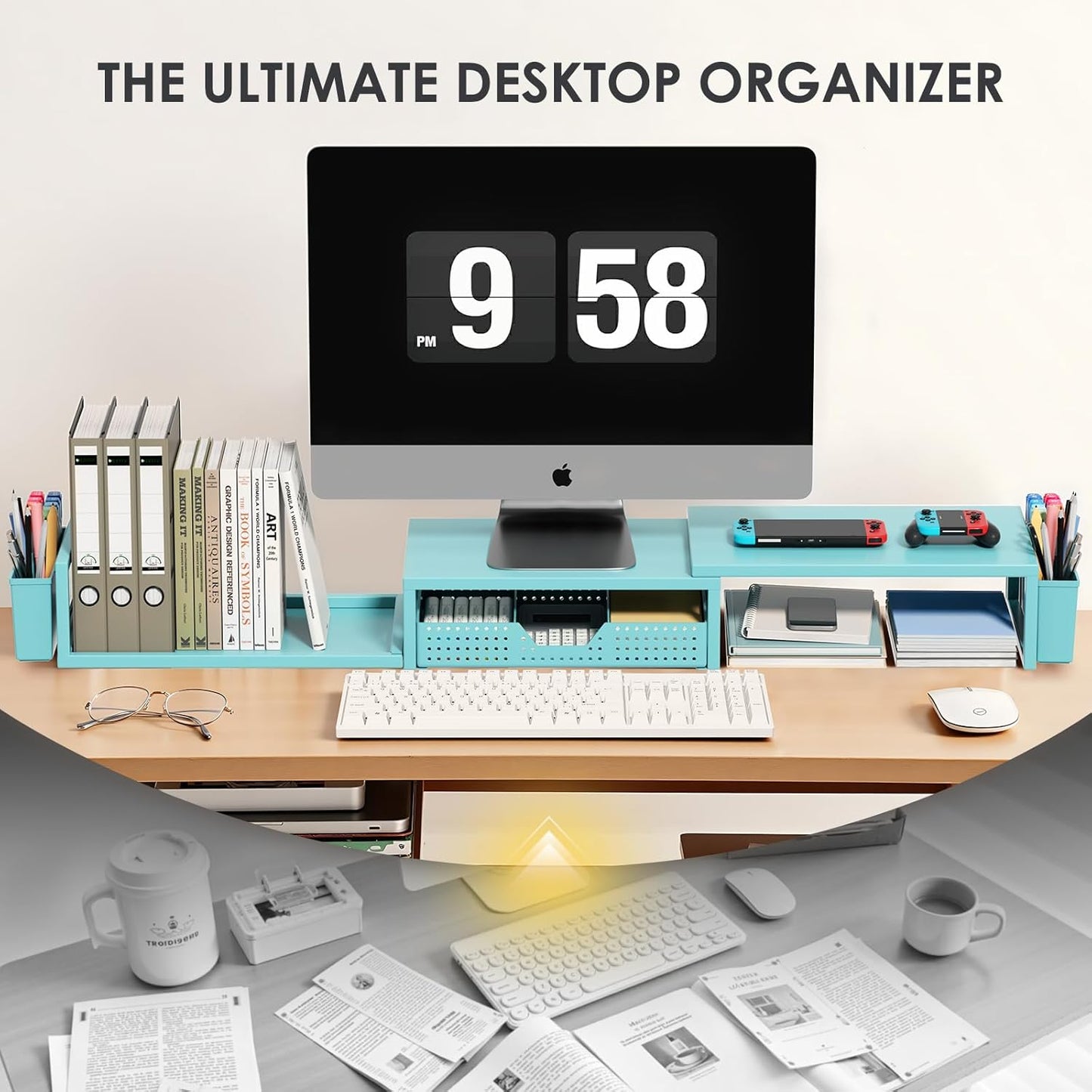 OPNICE Desk Organizers and Accessories, Dual Monitor Stand Riser with Drawer and 2 Pen Holders, Desk Shelf Wood Computer Racks for Office Workspace Organizers, Desktop Organization (Rustic Brown)