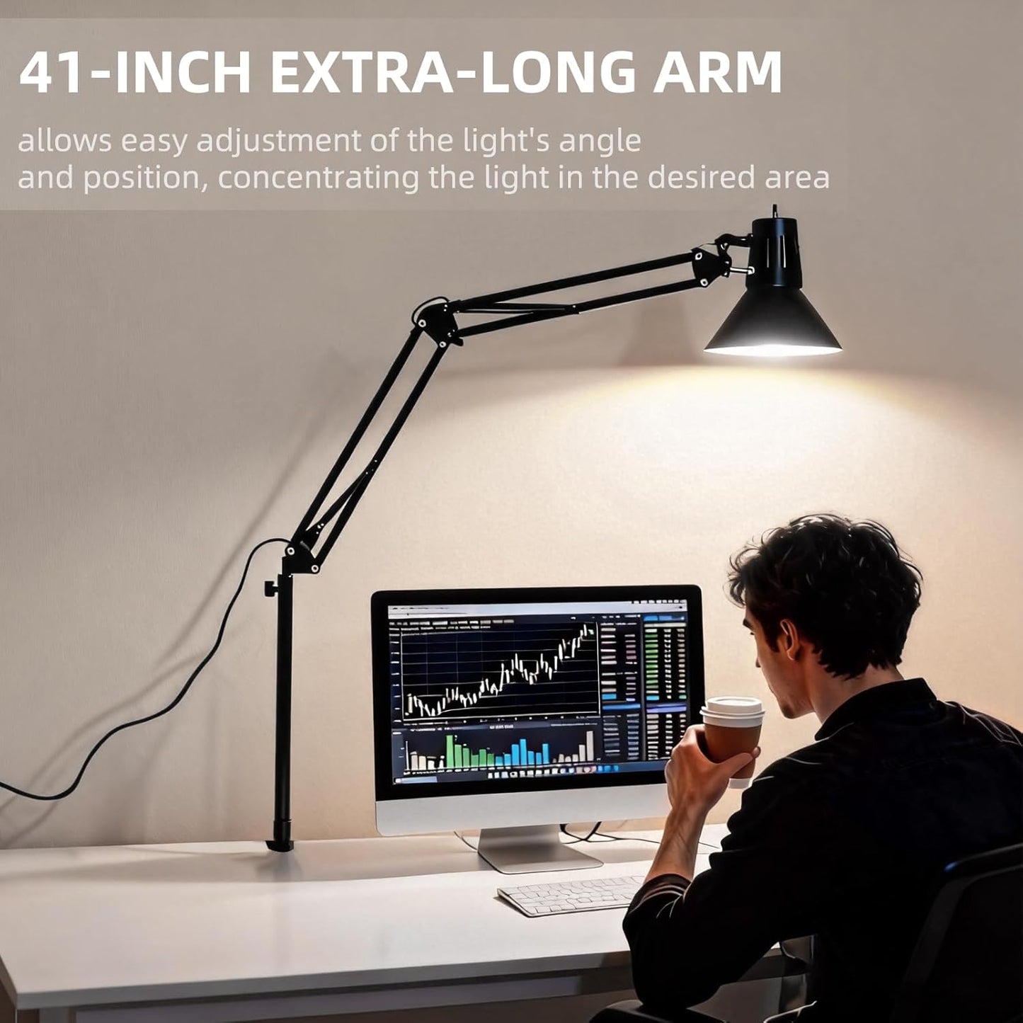 Desk Lamp With Clamp for Home Office, Eye-Caring Clip on Light with Adjustable Extra Tall Metal Swing Arm, High Intensity Clamp Lamp w/LED Bulb, Architect Task Table Lamps for Study, Workbench-B/5000k