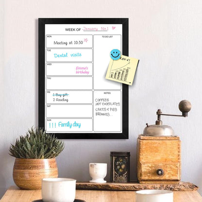 Weekly Dry Erase Whiteboard Calendar, 15.7"x11.8" Magnetic Surface Memo Board, Minimal Design Weekly Planner for Wall, Black Wood Frame Dry Erase Board for Office School Home(ZLBB-S-BK-3040)