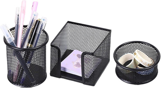 3pcs Pen Holder for Desk, Metal Mesh Pen Cup Paper Clip Holder Memo Pad Holders Stationary Organizer for Desk, Desk Accessories for Office School Home(COLOR:black)