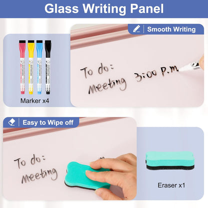 DOLLAR BOSS Glass Desk Whiteboard Calendar Small Dry Erase Board Desktop White Board with Storage Drawer Computer Keyboard Stand Desk Organizer, Colorful Weekly Calendar, Black