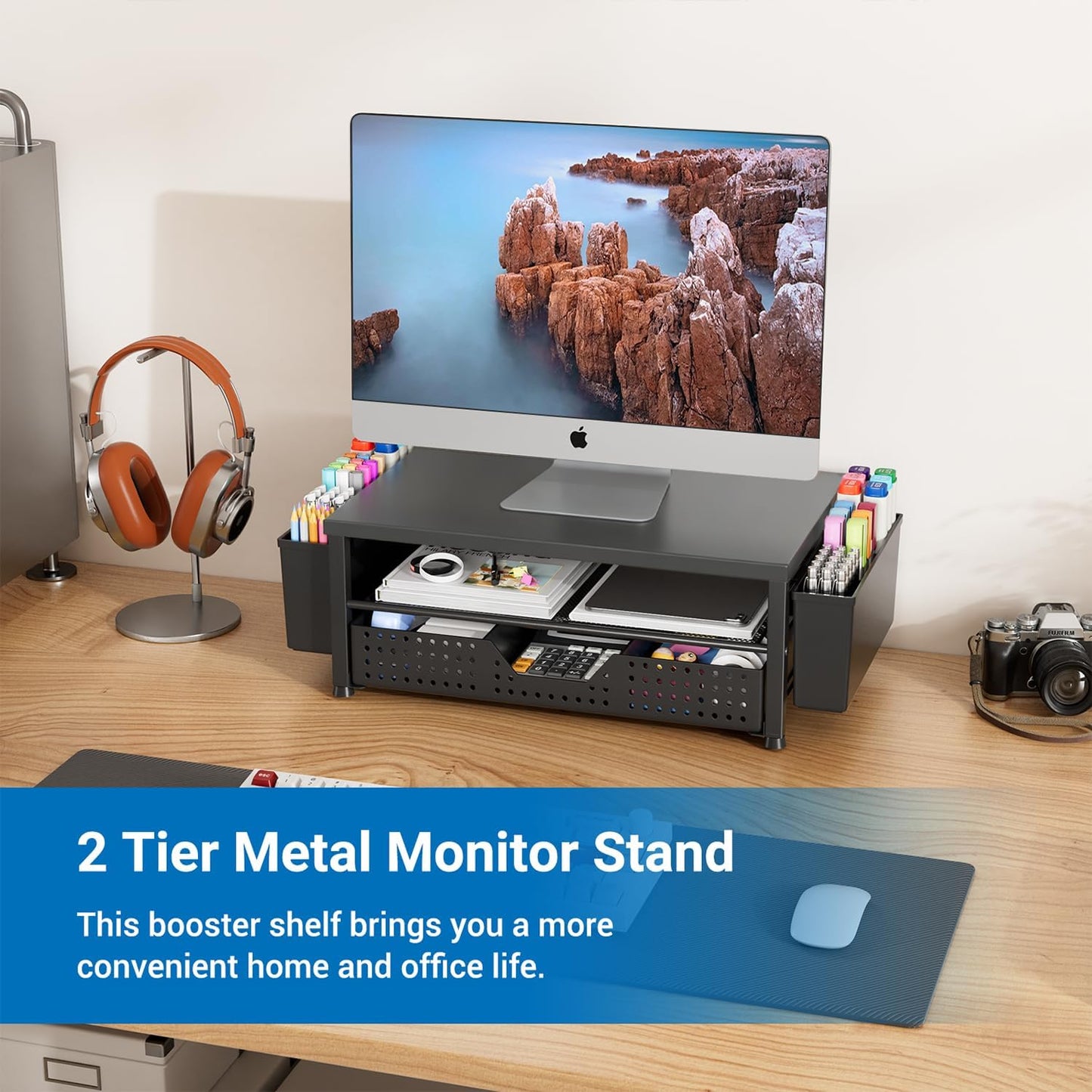 Wood Metal Monitor Stand Riser, Laptop Stand for Desk, Office Desk Organizer and Accessories, Computer Desktop Shelf with Drawer and Pen Holder, Printer Stand for Home, Office, Dorm (Natural Wood)