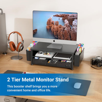 Wood Metal Monitor Stand Riser, Laptop Stand for Desk, Office Desk Organizer and Accessories, Computer Desktop Shelf with Drawer and Pen Holder, Printer Stand for Home, Office, Dorm (Natural Wood)