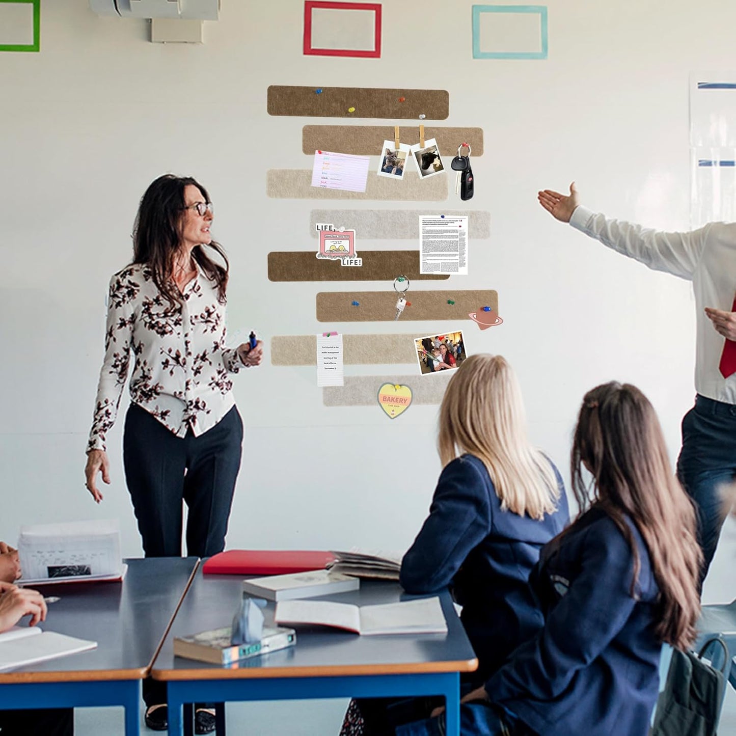 Vuzvuv 8 pcs Bulletin Board Bar Strips with 50 Pushpins & 10 Wooden Clip pins，Self Adhesive Cork Board for Wall，Felt Pin Board for School，Office Decor（Black White Grey）