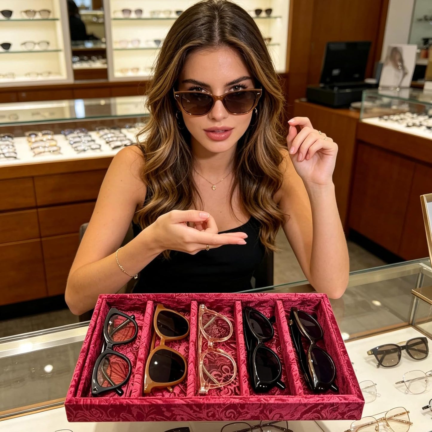 AgentMoon 5-Compartment Velvet Sunglasses & Jewelry Organizer Tray – Adjustable Dividers, Sturdy Wood, Non-Slip Storage for Watches, Glasses, Bracelets, Desk or Drawer.(Tabby Red)
