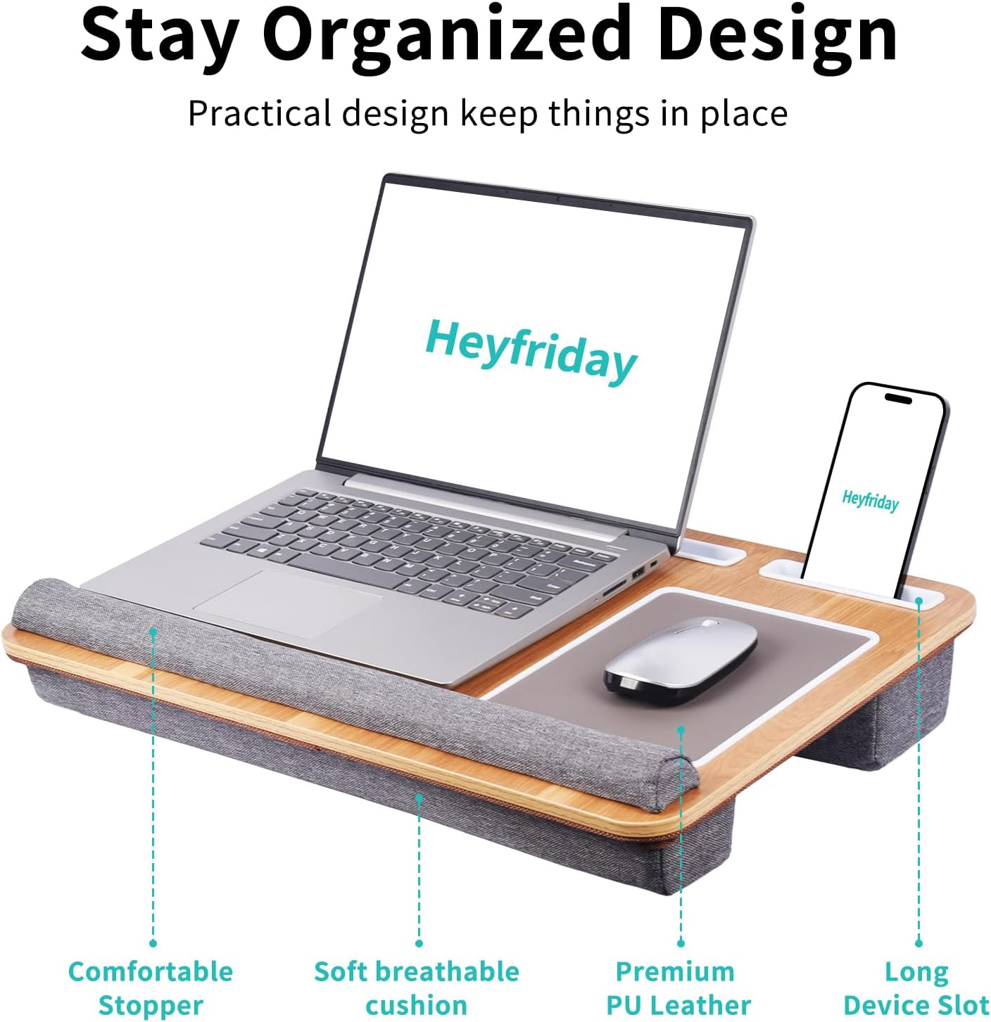Home Office Lap Desk with Wrist Rest Wrist Rest, Mouse Pad, and Phone Holder Large Laptop Bed Desk for Notebook, Laptop, Tablet, Lap Stand Fits Up to 17 Inch Laptops (Woodgrain)