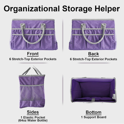 Cupohus Craft Organizer Tote Bag – Craft Caddy with 2 Mesh Side Pockets & Front Elastic Pockets, Foldable Large Capacity Supply Storage Bag for Sewing, Knitting, Painting, and Travel (Purple)