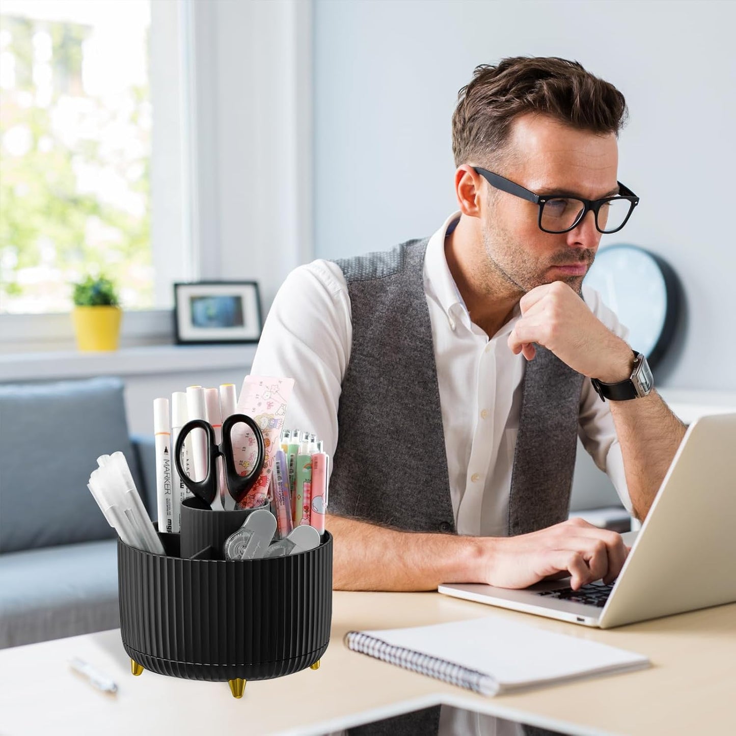 Cayxenful Pencil Holder For Desk,5 Slots 360°Degree Rotating Desk Organizers And Accessories,Desktop Storage Stationery Supplies Organizer, Cute Pencil Cup Pot For Office, School, Home (C-Blue)