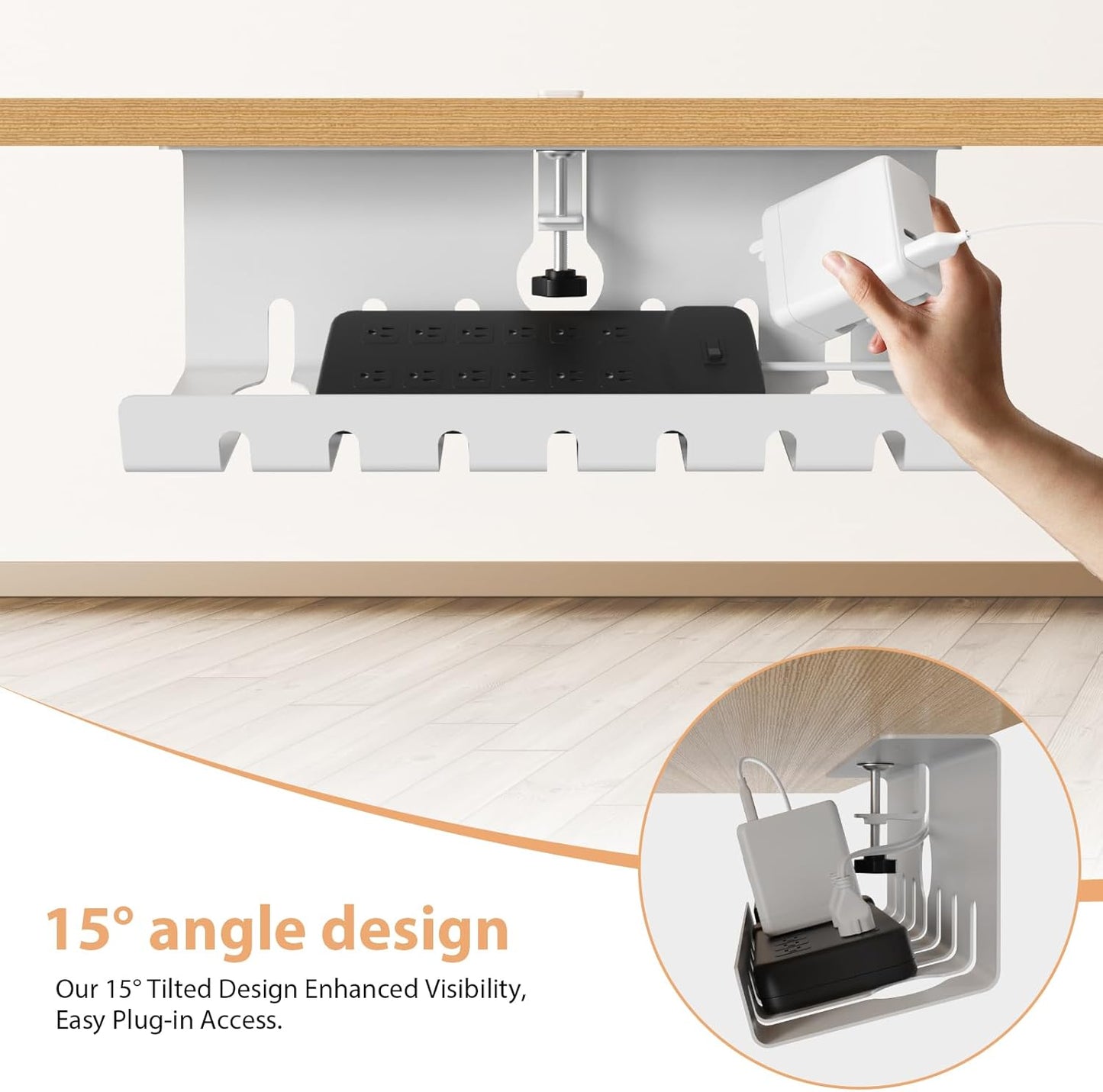 Syeeiex 17" Under Desk Cable Management Tray, No-Drill C-Clamp & Screw Mount, Heavy Duty Metal Cord Organizer with Cable Ties, for Office Home Workspace, Black