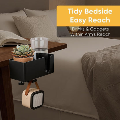 4-in-1 Clip On Desk Cup Holder, Fits up to 40oz cups - Mountable Holder with Adjustable Divider & 360° Rotating Hook - No Spill Clamp On Drink Holder Attachment - for Desk Chair Table Bed Tray - Black