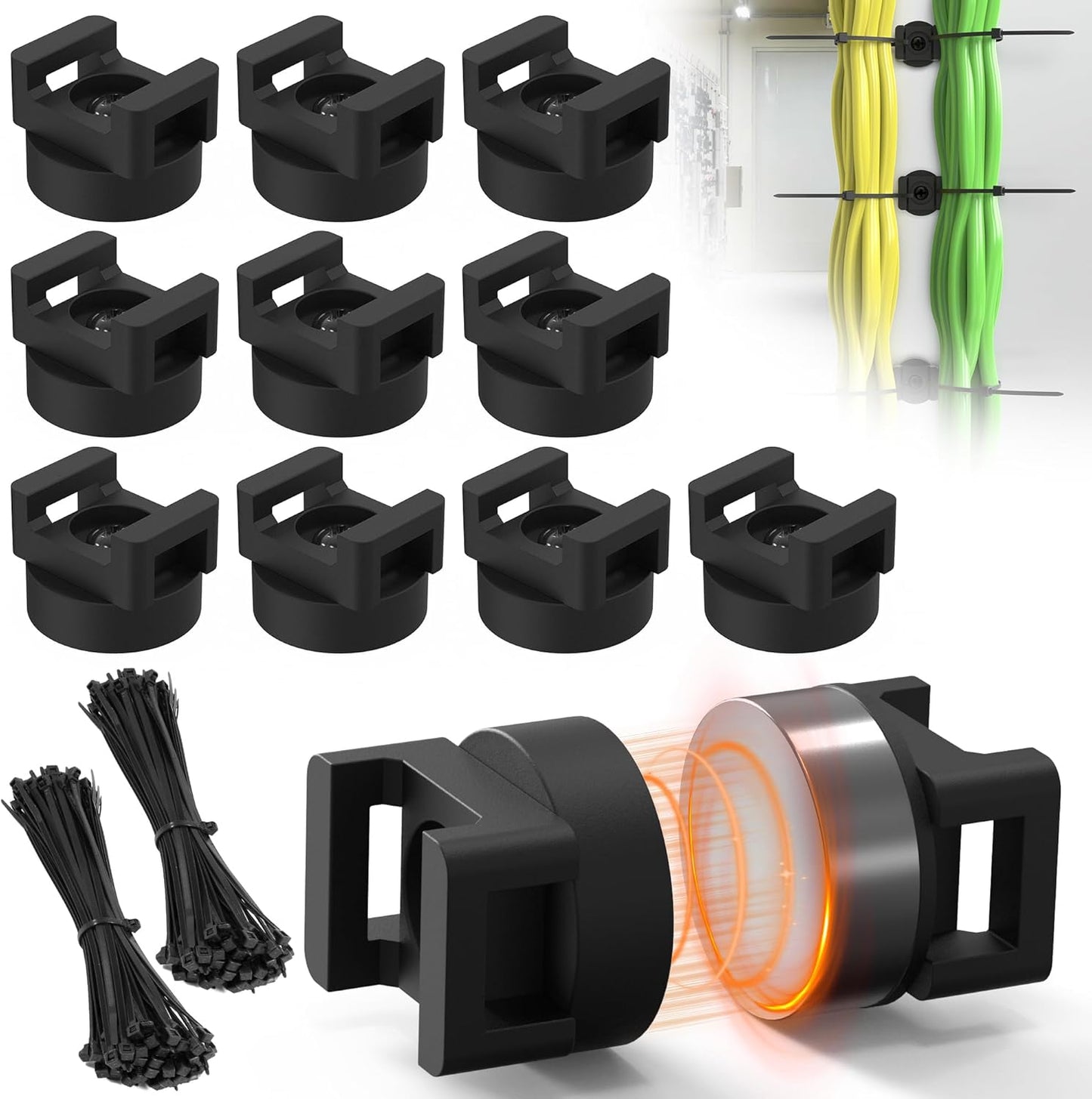 Magnetic Zip Tie Mount, 25LBS Strong Magnetic Wire Holder, Multipurpose Magnet Zip Tie Mount, Waterproof Magnet Cable Tie Holders for Home Office Marine Automotive Electrical Wiring Management