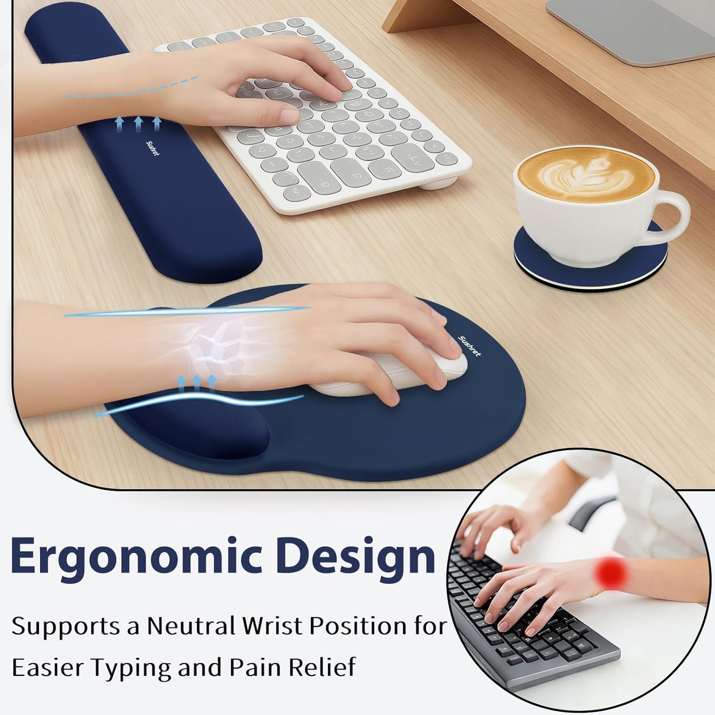 Sushret Mouse Pad and Keyboard Wrist Rest, 3-in-1 Gel Memory Foam Ergonomic Mouse Pad with Wrist Rest Set,Gaming Mousepad Arm Cushion Support for Computer Office Desk Accessories Cute Setup,Sage Green