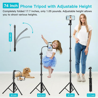Phone Tripod, 86" Tall Tripod for iPhone with Flexible Gooseneck & Remote, Portable Aluminum Cellphone Stand for Selfies, Video Recording,Travel, Compatible with iPhone Android