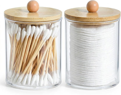 Q Tip Holder for Bathroom with Bamboo Lid, Medium Clear Plastic Cotton Swab Dispenser, Shatterproof Apothecary Jar, Vanity Organizer for Cotton Balls Rounds Hair Ties