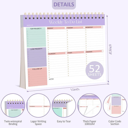 Weekly To Do List Notepad, 52 Undated Sheets (8.5"×11"), Undated Weekly Planner for Women & Men, Desk Accessories and Supplies for Office, Home, and School