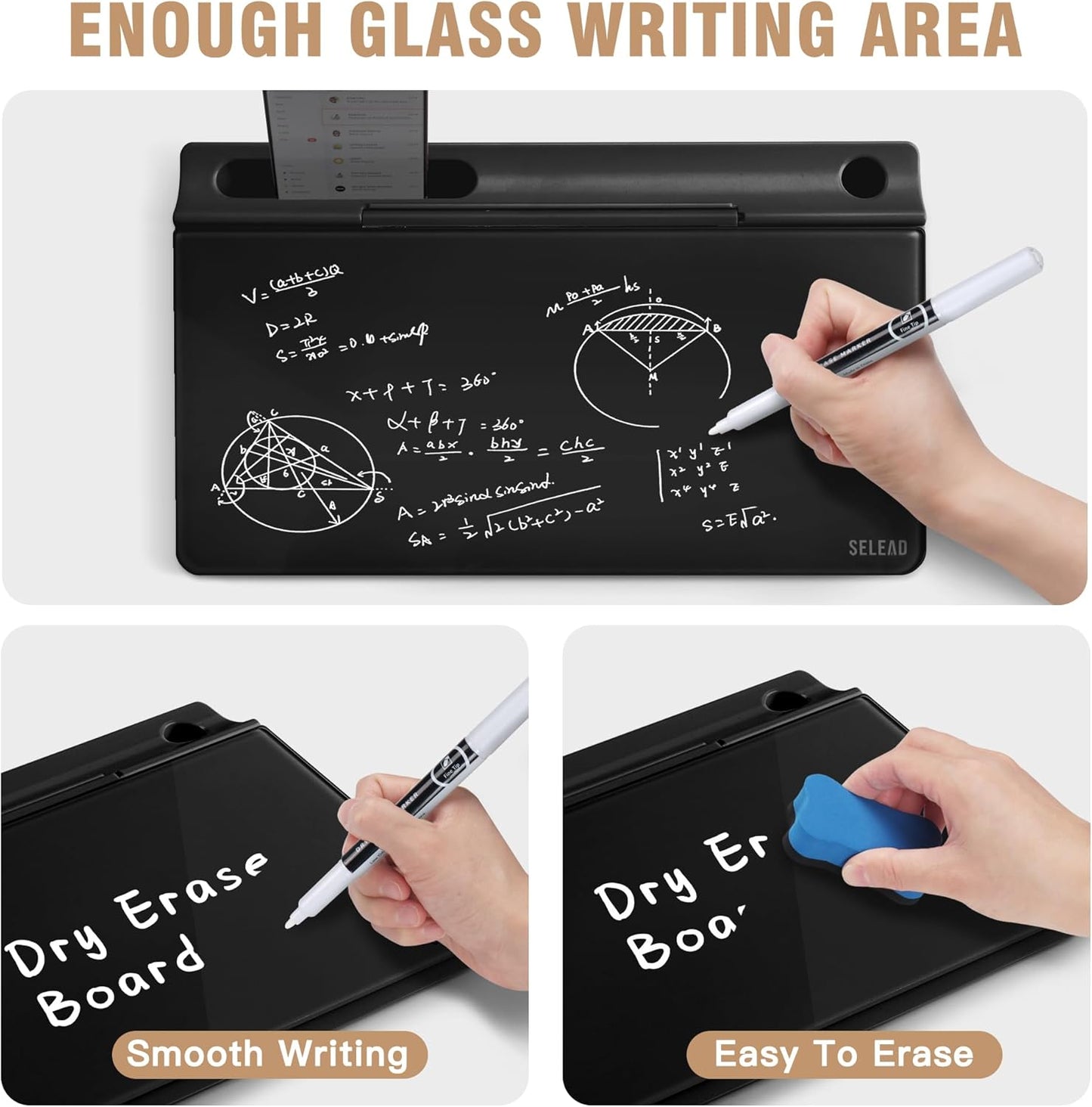 SELEAD Desktop Glass Whiteboard with Wireless Charger Station, Dry Erase Board Computer Pad Keyboard Stand with Organizer for Home, School, Office Desk Accessories, Black