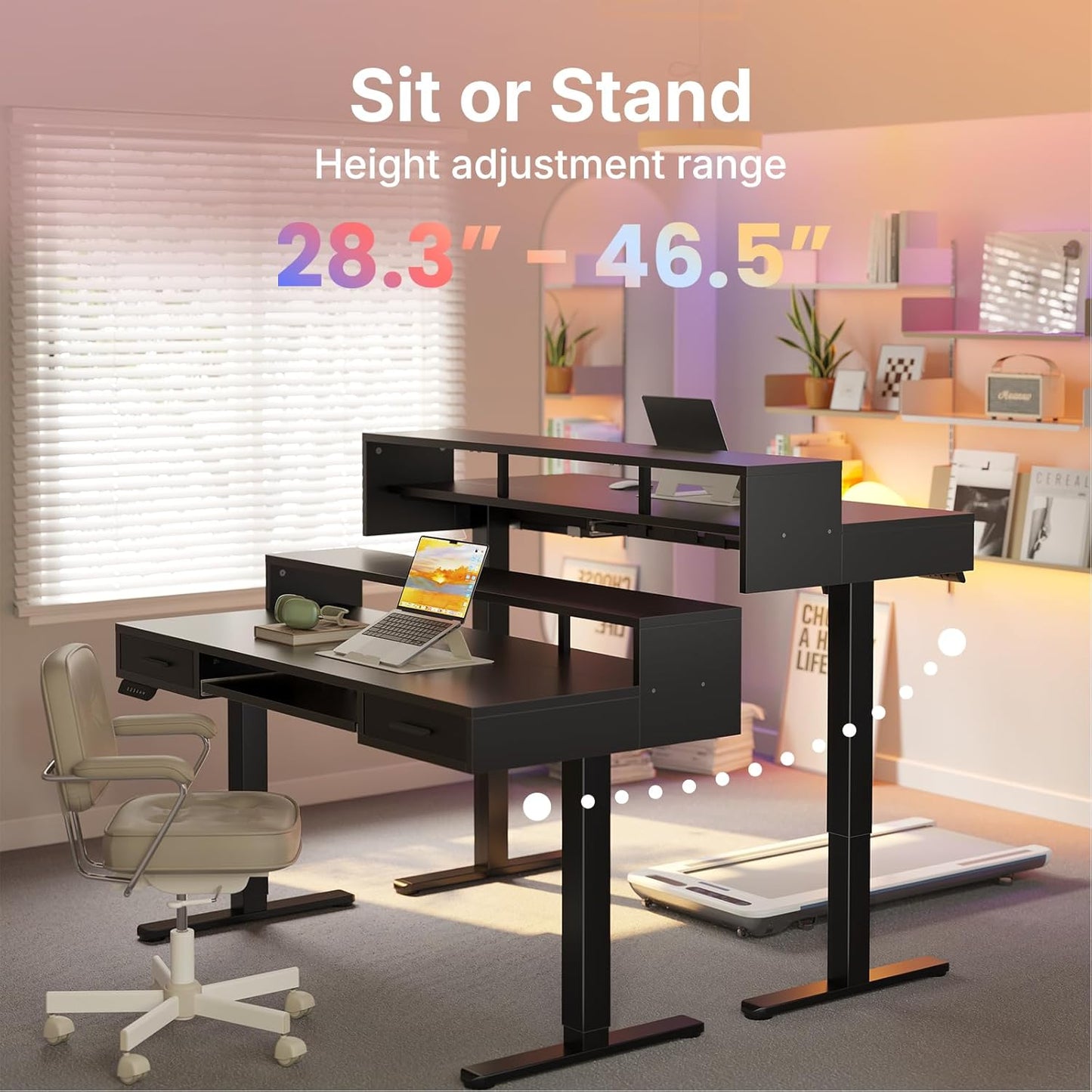 HUANUO 55″ x 26″ Electric Standing Desk with 2 Drawers &24.4″ Large Keyboard Tray, C-Clamp Mount Compatible, Adjustable Computer Desk for Office, Sit Stand Up Desk with 4 Height Presets, Light Walnut