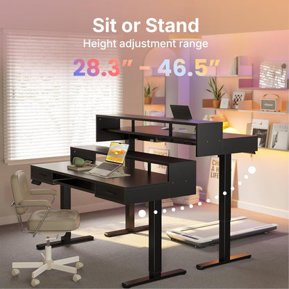 HUANUO 55″ x 26″ Electric Standing Desk with 2 Drawers &24.4″ Large Keyboard Tray, C-Clamp Mount Compatible, Adjustable Computer Desk for Office, Sit Stand Up Desk with 4 Height Presets, Light Walnut