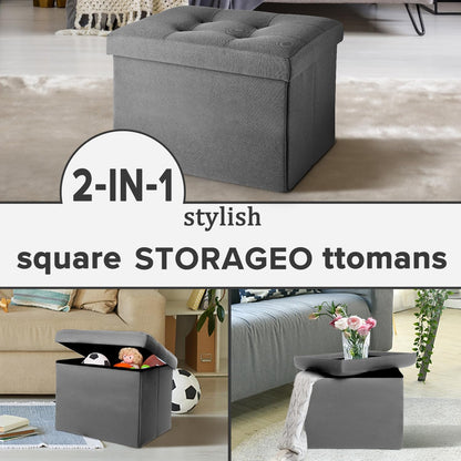 LINMAGCO Ottoman Storage Ottoman with Storage Small Foot Rest Stool Under Desk Stool Short Folding Footrest Linen Cloth Dark Gray 16X12X12IN