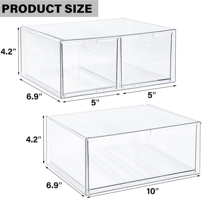 Prsildan Acrylic Drawer Makeup Organizer with 6 Drawers (Not for Baby Bottle), Set of 2 Office Desk Organizers Accessories, Clear Stackable Storage Drawers for Vanity, Craft (Largest Drawer 4" Tall)