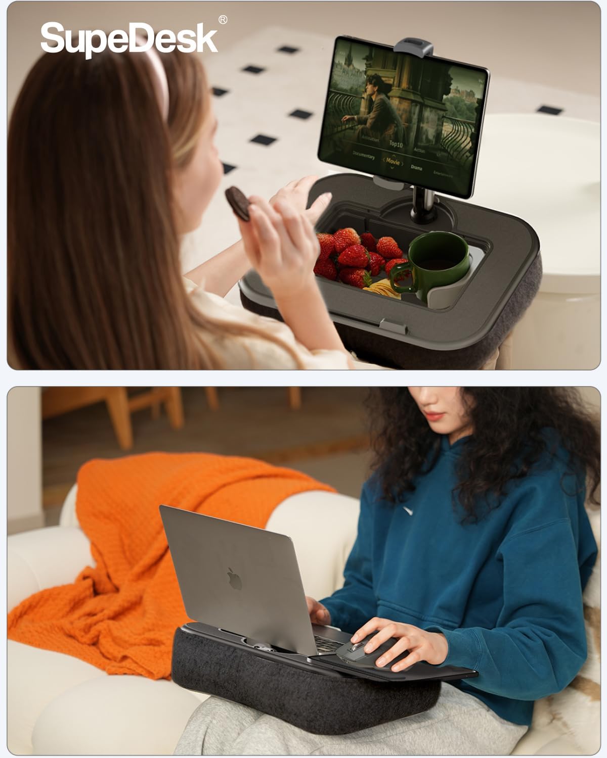 SupeDesk Laptop Lap Desk, Adjustable iPad Holder for Bed, 360° Swivel Tablet Arm, Laptop Desk with Mouse Pad, Snack Bowl & Cup Holder, Fits 4.7–13” Tablets & 15” Laptop