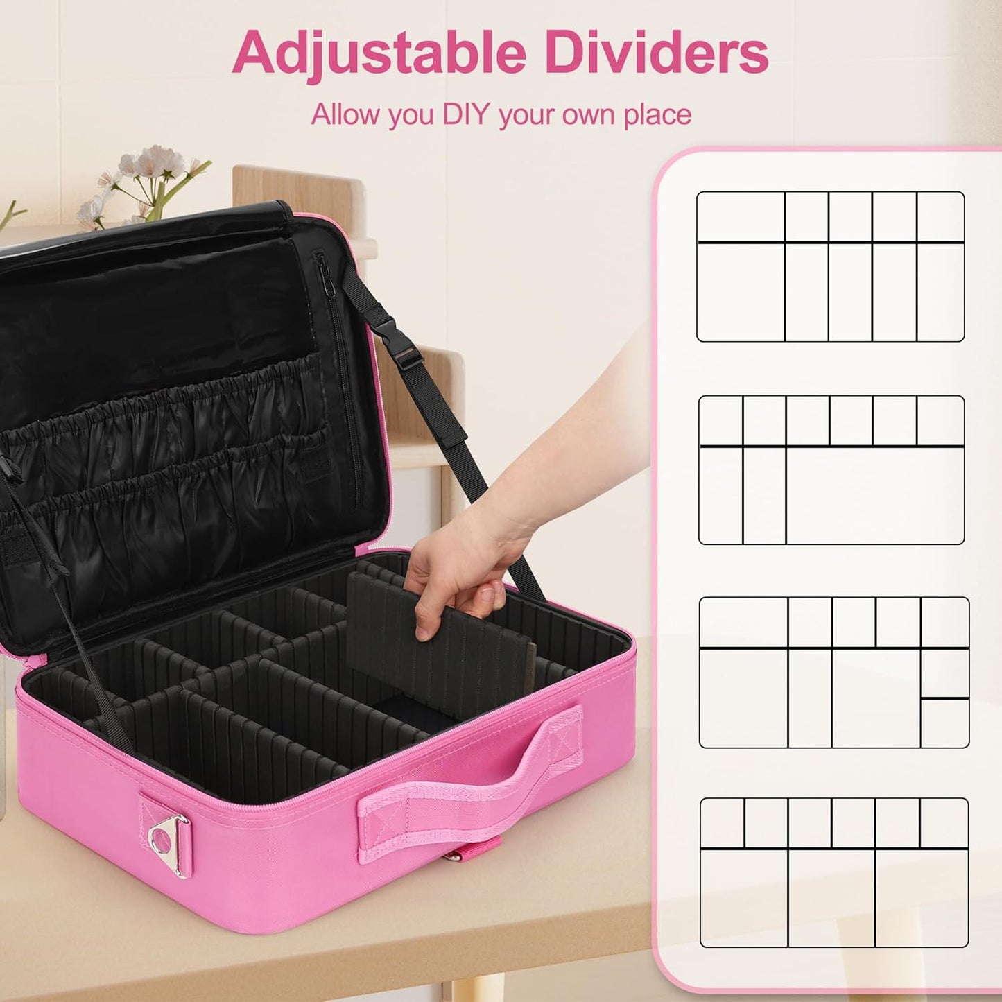 Relavel Makeup Case Large Makeup Bag Professional Train Case 16.5 inches Travel Cosmetic Organizer Brush Holder Waterproof Makeup Artist Storage Box, 3 Layer Large Capacity, with Adjustable Strap