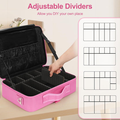 Relavel Makeup Case Large Makeup Bag Professional Train Case 16.5 inches Travel Cosmetic Organizer Brush Holder Waterproof Makeup Artist Storage Box, 3 Layer Large Capacity, with Adjustable Strap