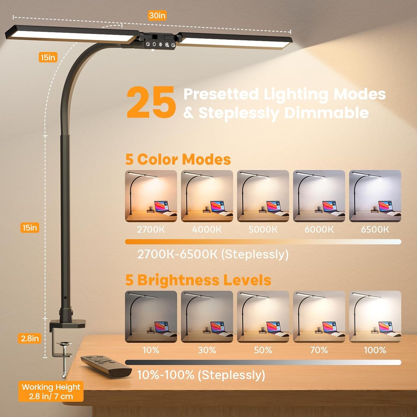 SIBRILLE LED Desk Lamp for Home Office - Dimmable Computer Desk Light with Clamp, Modern Architect Task Lamp with Color Changing, Flexible Desktop Lamp with Gooseneck for Monitor, Double Head, White