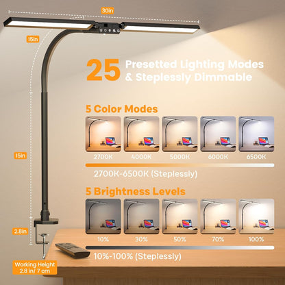 SIBRILLE LED Desk Lamp for Home Office - Dimmable Computer Desk Light with Clamp, Modern Architect Task Lamp with Color Changing, Flexible Desktop Lamp with Gooseneck for Monitor, Double Head, White