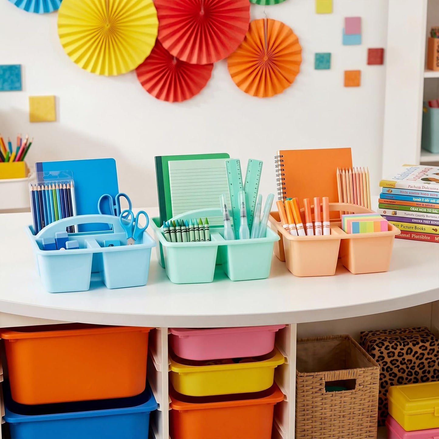 Kathfly 4 Pack Caddy Organizer with Handle, Stackable Organization Storage, Small Plastic Basket Classroom Caddy for Table Desk Office Pencil Kids Room Craft Art Teacher School Supplies (Blue Orange)